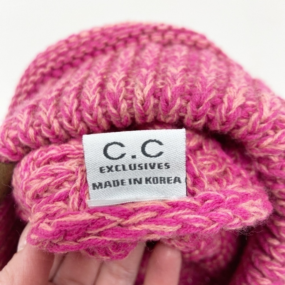 CC | Pink Beanie Stocking Cap Two-Tone Cable Knit - Picture 6 of 6